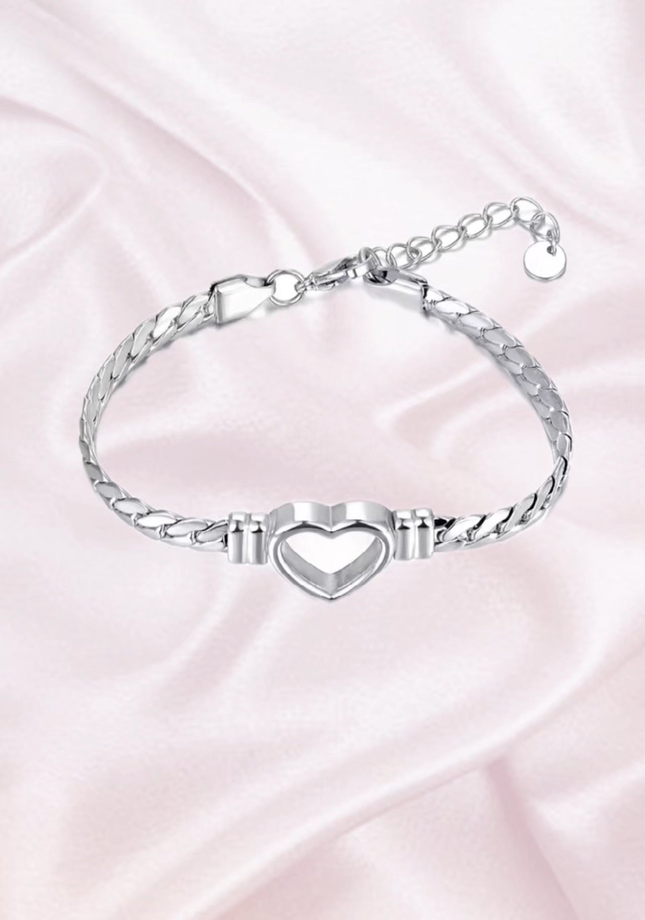 Silver Cuban Chain Silver Heart Charm Bracelet