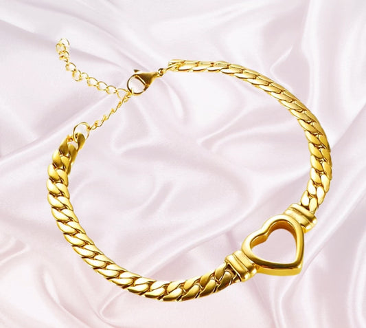 Gold Cuban Chain 18k Yellow Gold Plated Heart Charm Bracelet