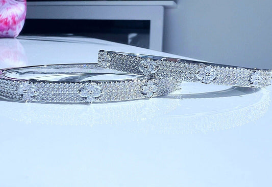 Silver Full Crystal Clover Bangle Bracelet