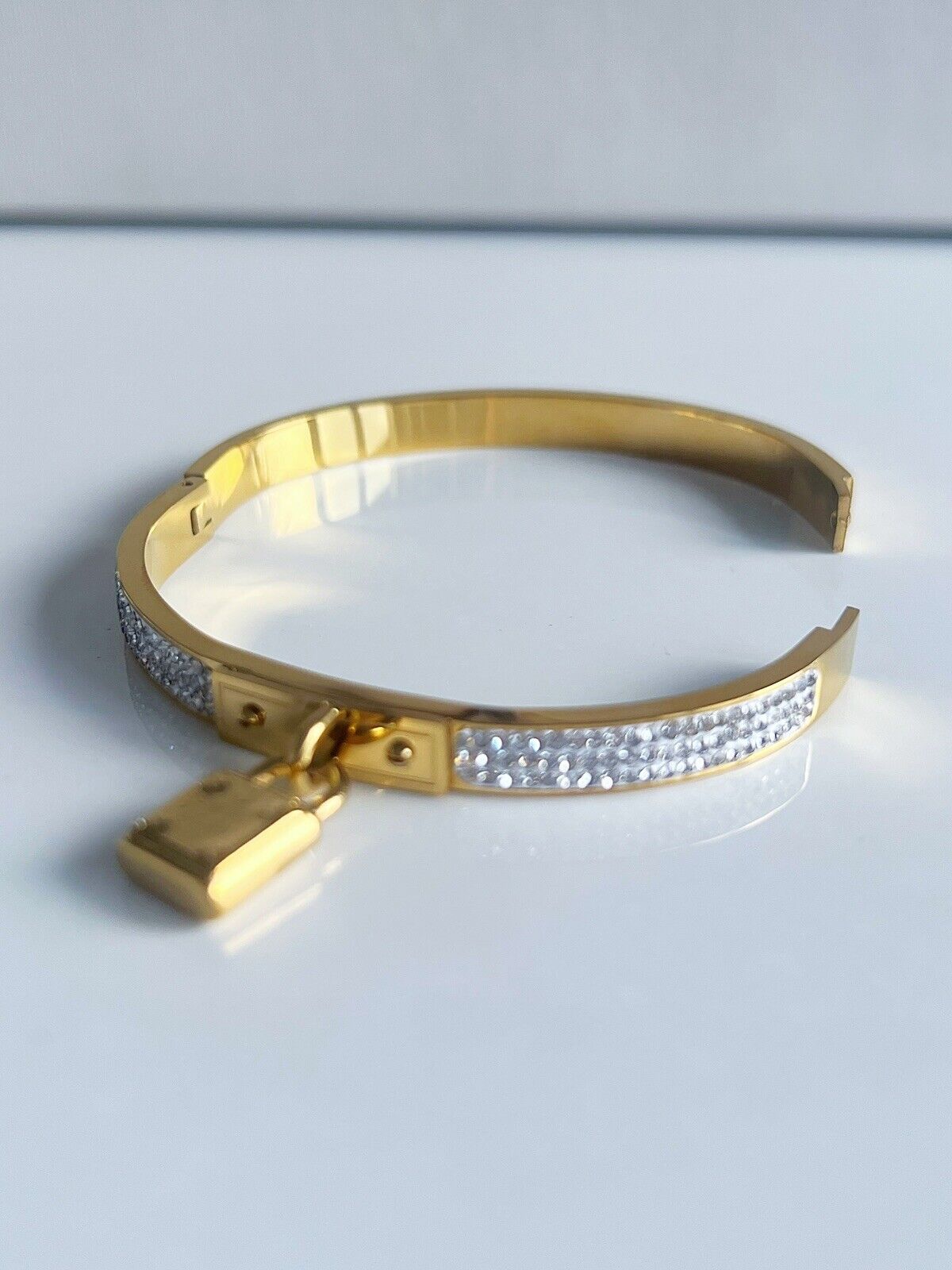 Gold Lock Crystals Bangle Bracelet