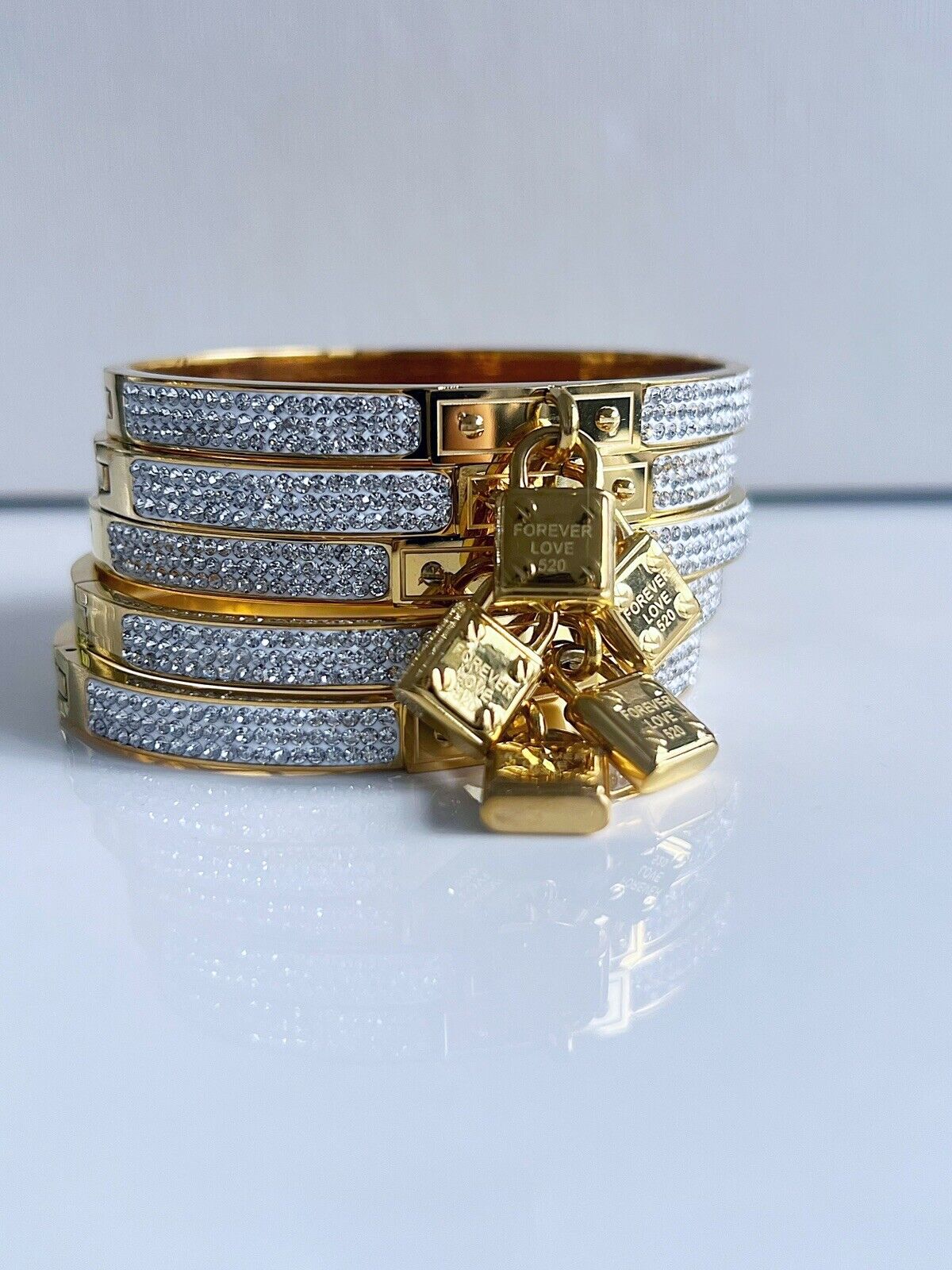 Gold Lock Crystals Bangle Bracelet