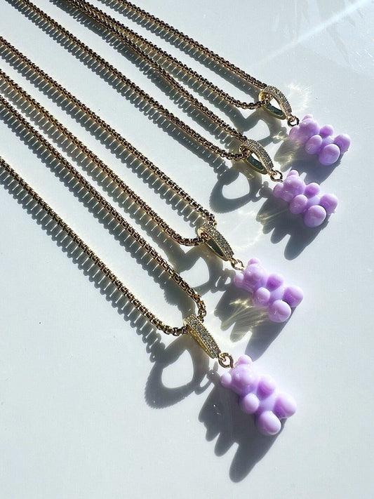 Gold Purple Gummy Teddy Bear Pendant & Necklace