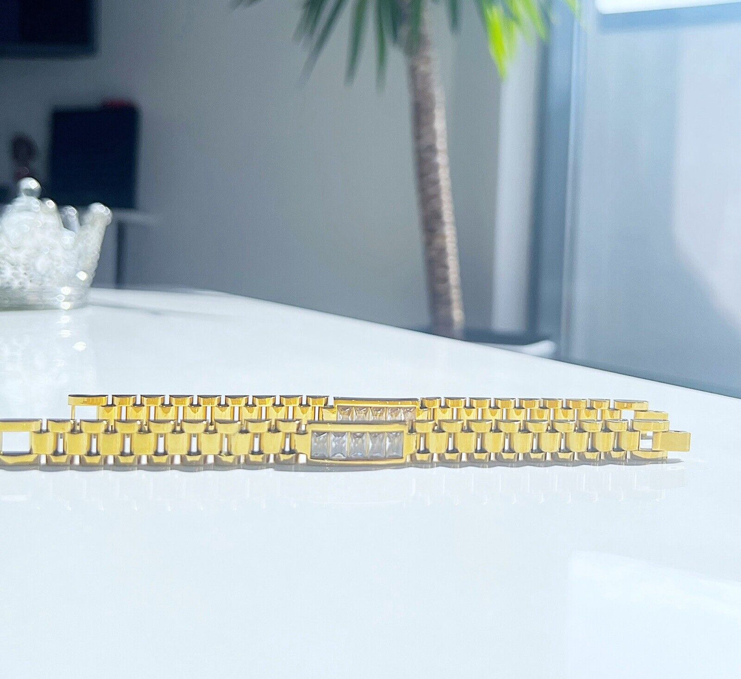 Gold White Crystals Strap Bracelet